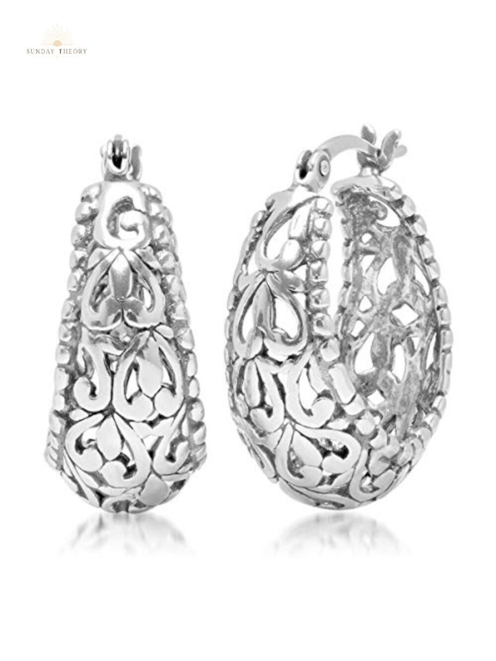 925 Sterling Silver Filigree Hoop Earrings for Women with Click Tops, Rhodium